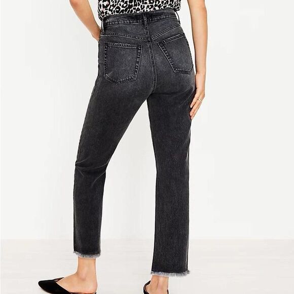 Loft Destructed High Rise Straight Crop Jeans in Washed Black Wash - Picture 3 of 8
